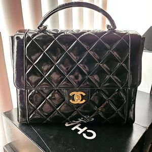 Authentic Chanel Vintage Two-Tone Kelly Top Handle Bag Patent Leather Jumbo Bag